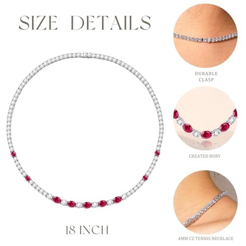 FANCIME Sterling Silver Created Ruby Tennis Necklace July Birthstone Necklace with 4mm Cubic Zirconia 6 * 8mm Oval Ruby Luxury Fine Jewelry for Women 18"