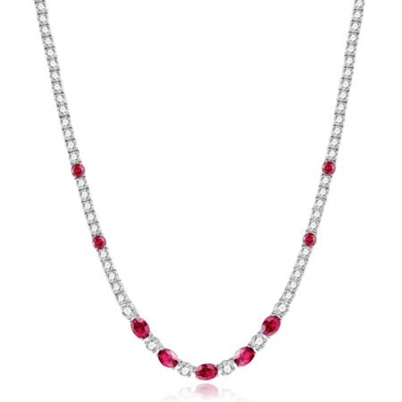 FANCIME Sterling Silver Created Ruby Tennis Necklace July Birthstone Necklace with 4mm Cubic Zirconia 6 * 8mm Oval Ruby Luxury Fine Jewelry for Women 18"