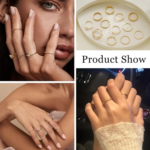 FAXHION 12 PCS Dainty 14K Gold Rings for Women, Eternity Open Chunky Twist Simulated Diamond Criss Cross Designs, Non Tarnish Gold Plated Stacking Thumb Ring, Perfect for...