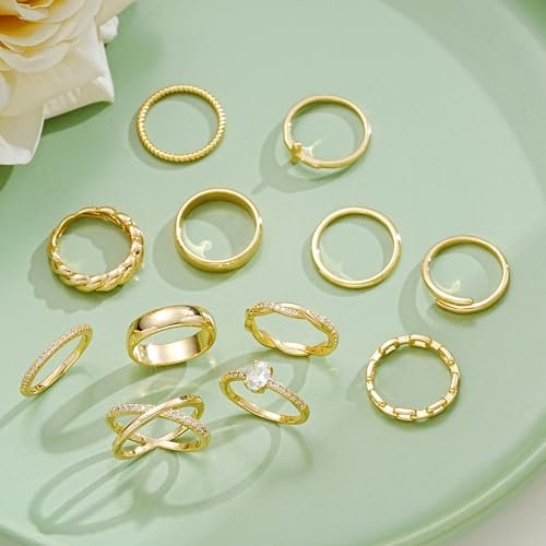 FAXHION 12 PCS Dainty 14K Gold Rings for Women, Eternity Open Chunky Twist Simulated Diamond Criss Cross Designs, Non Tarnish Gold Plated Stacking Thumb Ring, Perfect for...