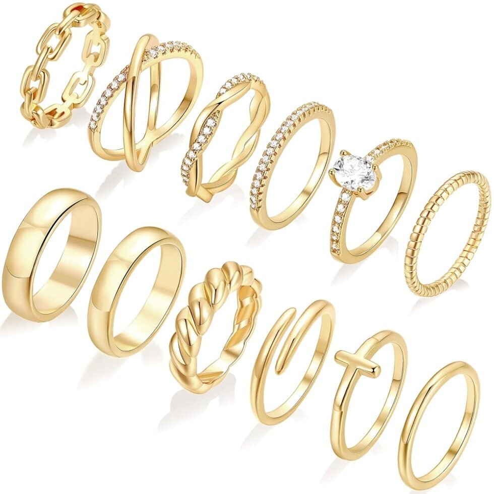 FAXHION 12 PCS Dainty 14K Gold Rings for Women, Eternity Open Chunky Twist Simulated Diamond Criss Cross Designs, Non Tarnish Gold Plated Stacking Thumb Ring, Perfect for...