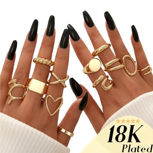 FAXHION 12PCS Gold Stackable Rings Set for Women, 18K Gold Plated Open Stacking Knuckle Ring, Adjustable Chunky Signet Rings for Gift