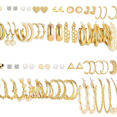 FAXHION 36 Pairs Gold Earrings Set for Women, Fashion Pearl Chain Link Stud Drop Dangle Earrings Multipack Hoop Earring Packs, Hypoallergenic Earrings for Birthday Party Jewelry