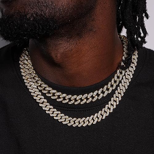 FEEL STYLE Mens Cuban Link Chain Gold Silver Plated Bling Miami Cuban Necklace Diamond Chain for Men 13MM Iced Out Hip Hop Jewelry 18-24inch