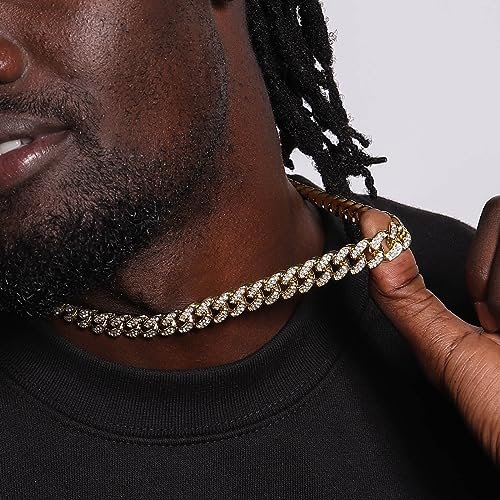 FEEL STYLE Mens Cuban Link Chain Gold Silver Plated Bling Miami Cuban Necklace Diamond Chain for Men 13MM Iced Out Hip Hop Jewelry 18-24inch