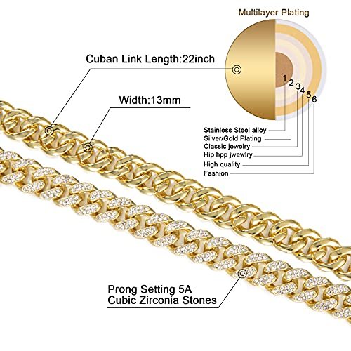 FEEL STYLE Mens Cuban Link Chain Gold Silver Plated Bling Miami Cuban Necklace Diamond Chain for Men 13MM Iced Out Hip Hop Jewelry 18-24inch