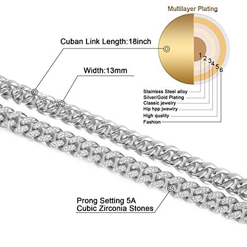 FEEL STYLE Mens Cuban Link Chain Gold Silver Plated Bling Miami Cuban Necklace Diamond Chain for Men 13MM Iced Out Hip Hop Jewelry 18-24inch