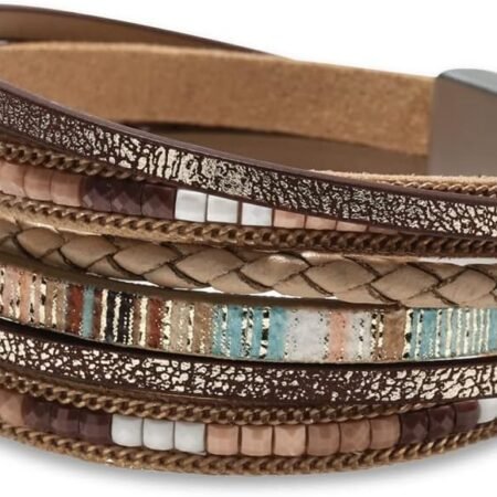 Fesciory Leather Wrap Bracelets for Women, Boho Leopard Multi-Layer Crystal Beads Cuff Bracelet Jewelry