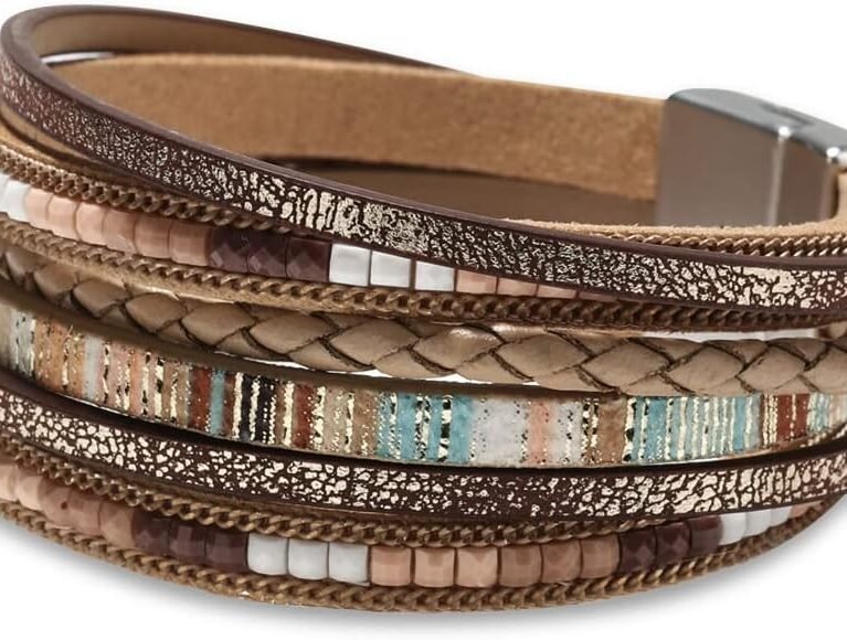 Fesciory Leather Wrap Bracelets for Women, Boho Leopard Multi-Layer Crystal Beads Cuff Bracelet Jewelry