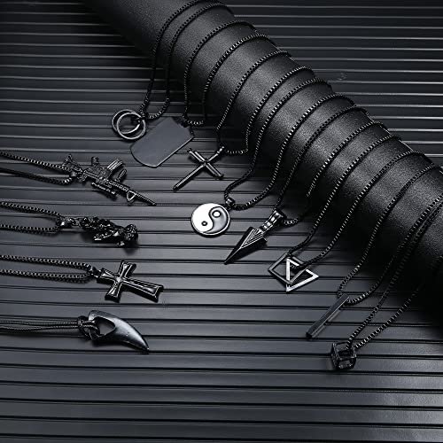 FIASASO 12Pcs Stainless Steel Pendant Necklace for Men Cool Goth Necklace Funky Gothic Cross Dog Tag Yin Yang Triangle Pendant Chain Necklace Set Black & Silver Tone …