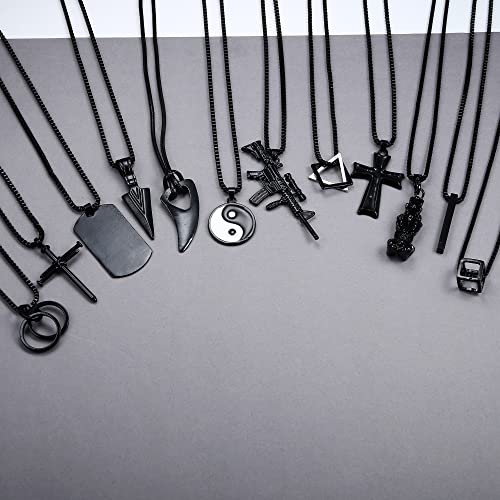 FIASASO 12Pcs Stainless Steel Pendant Necklace for Men Cool Goth Necklace Funky Gothic Cross Dog Tag Yin Yang Triangle Pendant Chain Necklace Set Black & Silver Tone …
