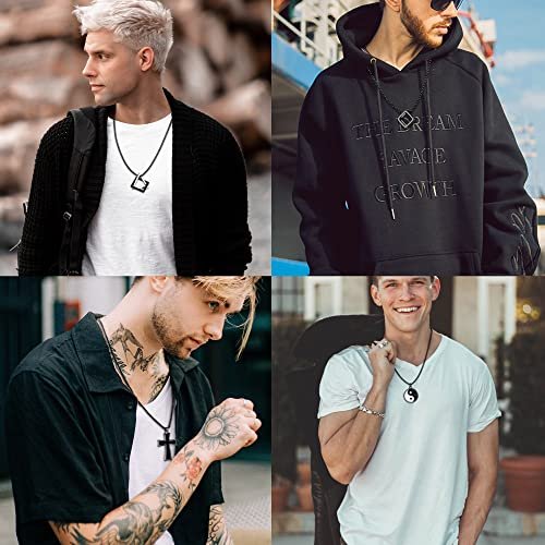 FIASASO 12Pcs Stainless Steel Pendant Necklace for Men Cool Goth Necklace Funky Gothic Cross Dog Tag Yin Yang Triangle Pendant Chain Necklace Set Black & Silver Tone …