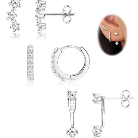 FIASASO 3 Pairs 925 Sterling Silver Hypoallergenic Earrings Set for Multiple Piercing Dainty 14K Gold Plated Stud Huggie Small Hoop Earrings for Women Trendy Cute Earring Stacks...