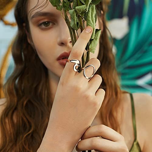 FIBO STEEL 9 Pcs Gold Chunky Rings for Women 18K Gold Plated Ring Set Dome Thick Open Rings Adjustable