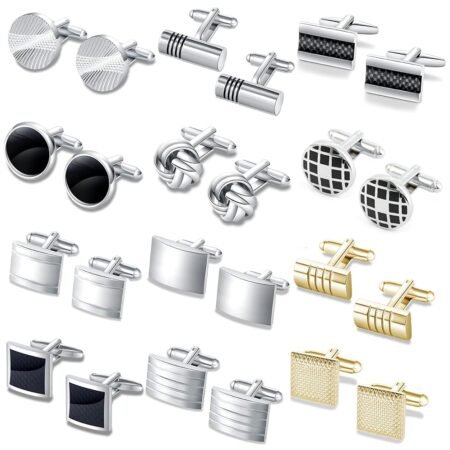 FIRAZIO 12 Pairs Cufflinks for Men Classic Tone Cuff Links Silver Black Striped Disc Square Rectangle Cuff Links Shirt Suit Men’s Cufflinks For Wedding Groom Business Elegant Gift