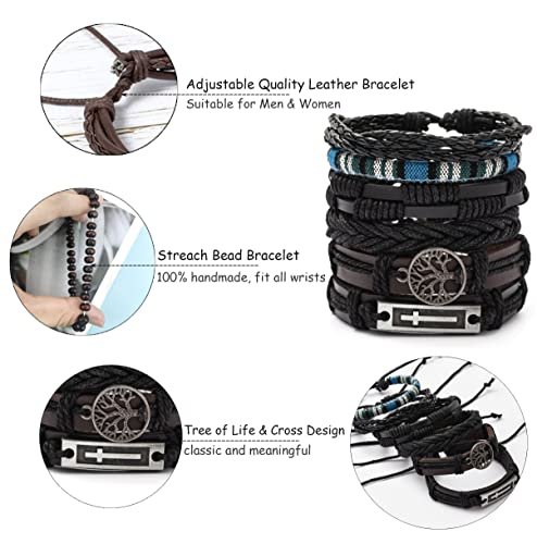 FIRAZIO 27Pcs Braided Leather Bracelets for Men Women Wrap Wood Beads Cuff Bracelet Hemp Cords Ethnic Tribal Handmade Wrap Wristband Bracelets Set Adjustable