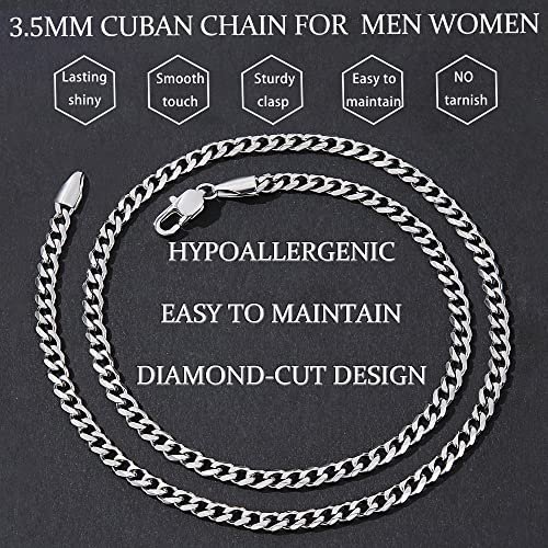 Fiusem 3.5mm Silver Tone/Black/14K Gold Plated Chains for Men, Mens Necklace Chains Stainless Steel Cuban Link Chain Necklace for Men, Mens Chain 16, 18, 20, 22, 24, 26, 28 Inch