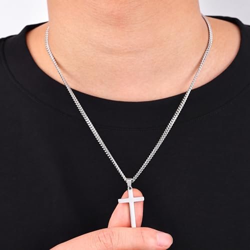 Fiusem Cross Necklace for Men, Silver Tone/Gold Plated/Black Mens Cross Necklaces with 3.5mm Cross Chain and Stainless Steel Cross Pendant, Cuban Chain 16-28 Inch