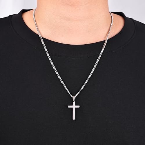 Fiusem Cross Necklace for Men, Silver Tone/Gold Plated/Black Mens Cross Necklaces with 3.5mm Cross Chain and Stainless Steel Cross Pendant, Cuban Chain 16-28 Inch