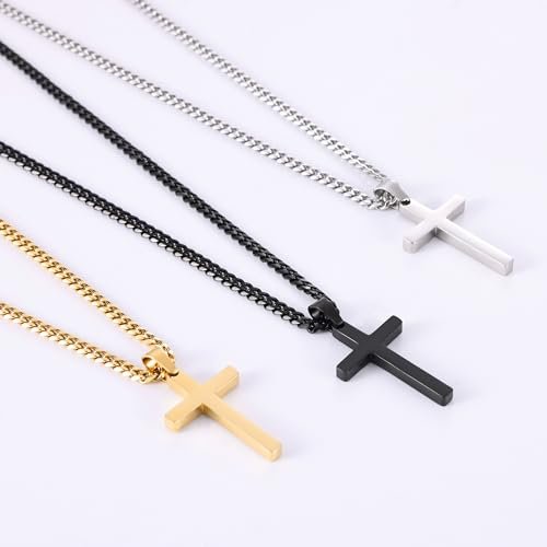 Fiusem Cross Necklace for Men, Silver Tone/Gold Plated/Black Mens Cross Necklaces with 3.5mm Cross Chain and Stainless Steel Cross Pendant, Cuban Chain 16-28 Inch