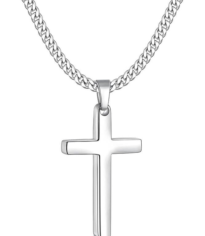 Fiusem Cross Necklace for Men, Silver Tone/Gold Plated/Black Mens Cross Necklaces with 3.5mm Cross Chain and Stainless Steel Cross Pendant, Cuban Chain 16-28 Inch