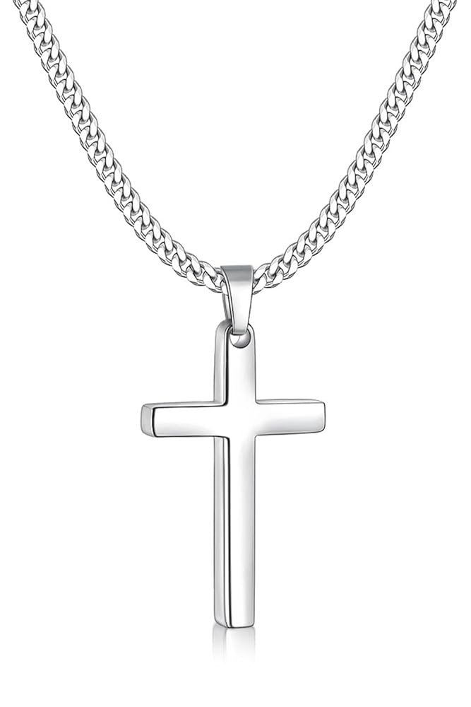 Fiusem Cross Necklace for Men, Silver Tone/Gold Plated/Black Mens Cross Necklaces with 3.5mm Cross Chain and Stainless Steel Cross Pendant, Cuban Chain 16-28 Inch