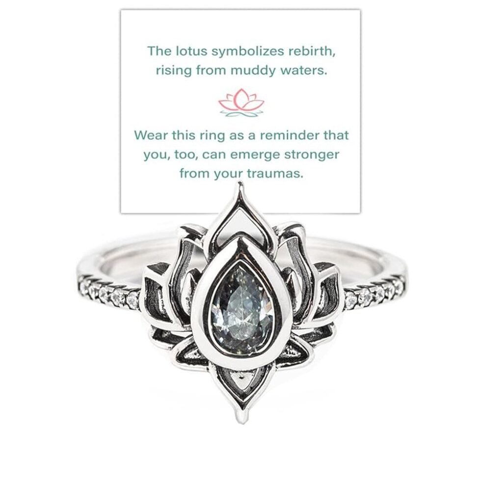 FUCK MY TRAUMA LOTUS RING, S925 Silver Lotus Flower High Polish Tarnish Resistant Zircon Inlaid Inspirational Ring Unique Lotus Ring Reminds You to Let Go of Your Trauma in a...