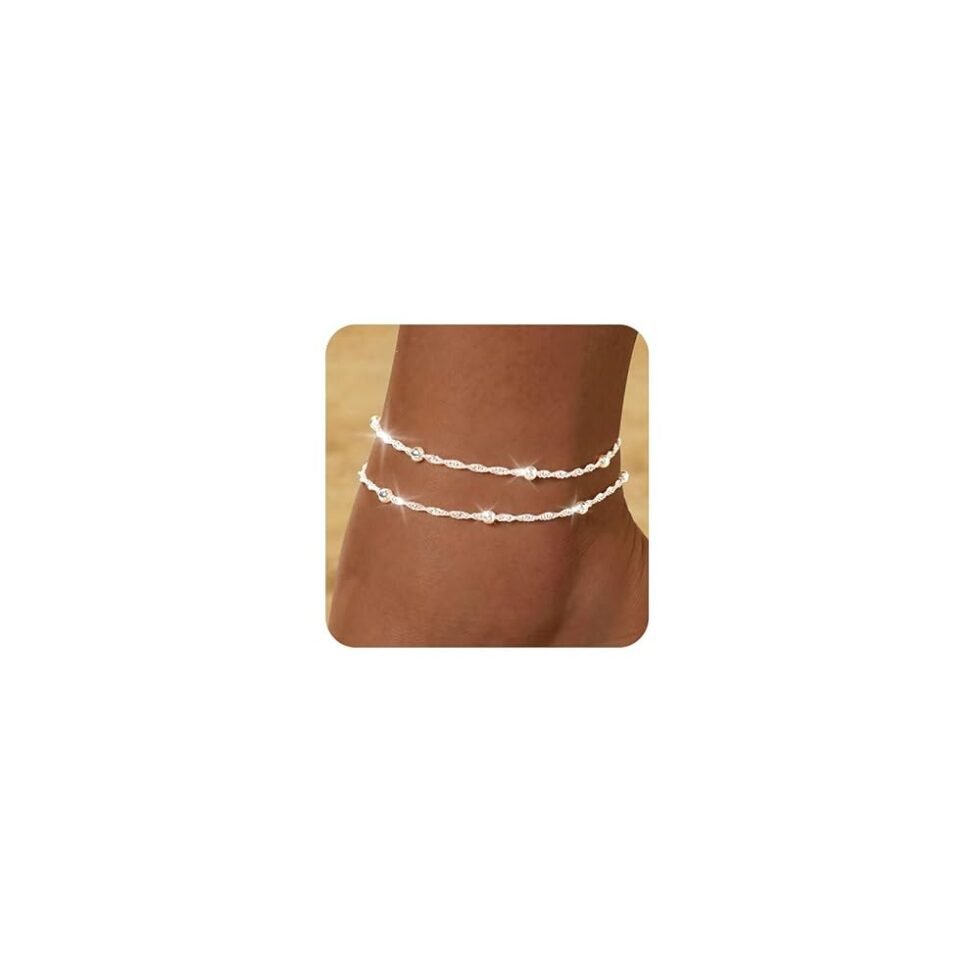 FUNEIA Gold Silver Ankle Bracelets for Women Waterproof 14K Gold Plated Anklets for Women Non Tarnish Dainty Layered Beaded Heart Anklet Set Summer Beach Foot Chain Jewelry Teen...
