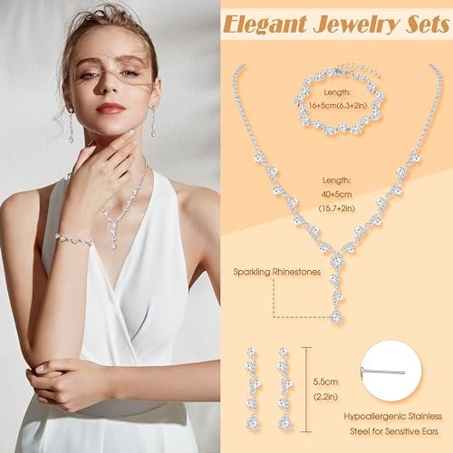 FUNRUN JEWELRY Silver Jewelry Set for Women Rhinestone Necklace and Earrings Bridal Wedding Jewelry Sets for Brides Bridesmaid Crystal Wedding Prom Jewelry