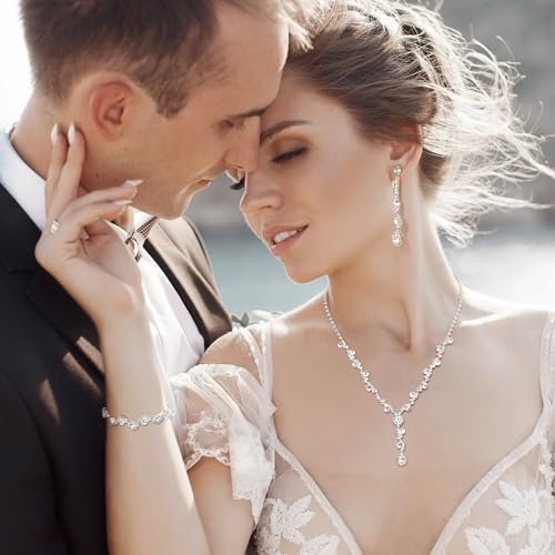 FUNRUN JEWELRY Silver Jewelry Set for Women Rhinestone Necklace and Earrings Bridal Wedding Jewelry Sets for Brides Bridesmaid Crystal Wedding Prom Jewelry