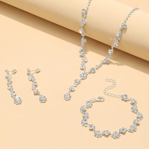 FUNRUN JEWELRY Silver Jewelry Set for Women Rhinestone Necklace and Earrings Bridal Wedding Jewelry Sets for Brides Bridesmaid Crystal Wedding Prom Jewelry