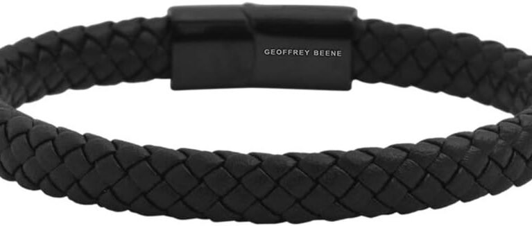 Geoffrey Beene Men's Braided Genuine Leather Bracelet with Stainless Steel Closure