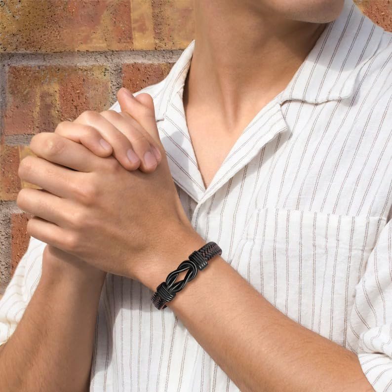 Gift for Men Infinity Bracelet for Men Dad Husband Boyfriend Son Grandson Brother Nephew Uncle Brown Braided Leather Forever Linked Together Stainless Steel Engraved with Love...