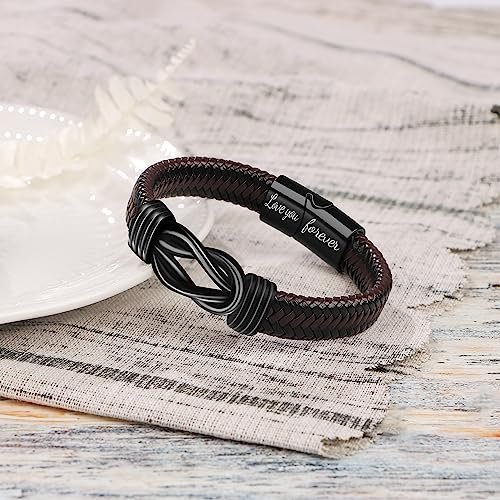 Gift for Men Infinity Bracelet for Men Dad Husband Boyfriend Son Grandson Brother Nephew Uncle Brown Braided Leather Forever Linked Together Stainless Steel Engraved with Love...