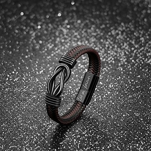 Gift for Men Infinity Bracelet for Men Dad Husband Boyfriend Son Grandson Brother Nephew Uncle Brown Braided Leather Forever Linked Together Stainless Steel Engraved with Love...