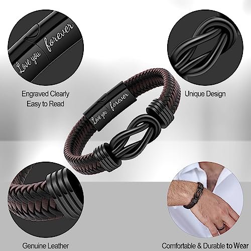 Gift for Men Infinity Bracelet for Men Dad Husband Boyfriend Son Grandson Brother Nephew Uncle Brown Braided Leather Forever Linked Together Stainless Steel Engraved with Love...