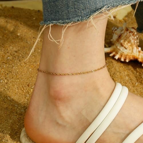 Gold Ankle Bracelets For Women Waterproof,18k Gold Plated Anklets Layered Thin Snake Chain Herringbone Anklets Non Tarnish Stainless Steel Dainty Summer Jewelry Set Gift For Women