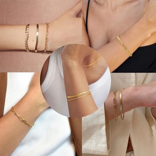 Gold Bracelets for Women,Dainty Bracelets Set for Women Trendy, Gold Bracelets Stack With Beaded, Cuban, Paperclip, Heart, Snake, Rope, Pearl, Cross, Hand Chain, Silver Jewelry...