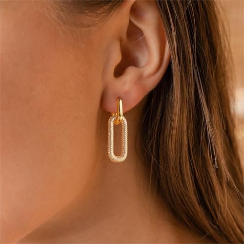 Gold Earrings for Women Trendy, Simple Dainty 14K Gold Plated Paperclip Square Chain Link Dangle Hoops Earrings Pin Stud Huggie Earrings Lightweight Hypoallergenic Minimalist...