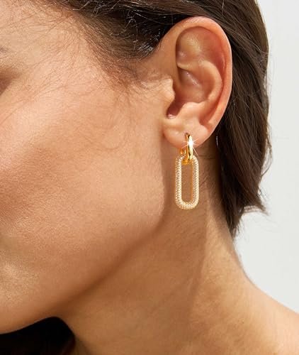 Gold Earrings for Women Trendy, Simple Dainty 14K Gold Plated Paperclip Square Chain Link Dangle Hoops Earrings Pin Stud Huggie Earrings Lightweight Hypoallergenic Minimalist...