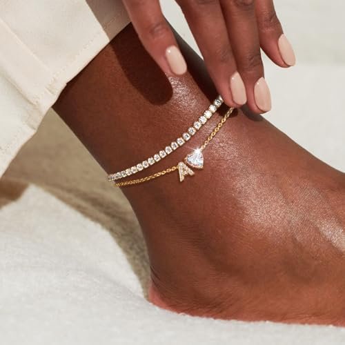 Gold Initial Ankle Bracelets for Women Waterproof 14K Gold Filled Layered Anklets for Women Non Tarnish Women's Anklets Adjustable Letter Anklets for Women Large Ankle Summer...