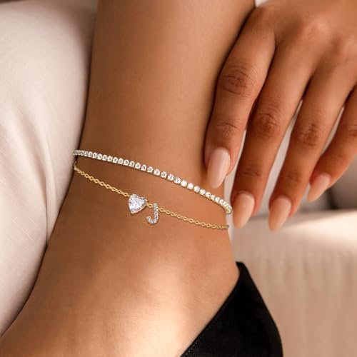 Gold Initial Ankle Bracelets for Women Waterproof 14K Gold Filled Layered Anklets for Women Non Tarnish Women's Anklets Adjustable Letter Anklets for Women Large Ankle Summer...