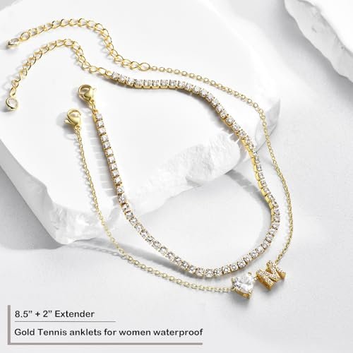 Gold Initial Ankle Bracelets for Women Waterproof 14K Gold Filled Layered Anklets for Women Non Tarnish Women's Anklets Adjustable Letter Anklets for Women Large Ankle Summer...