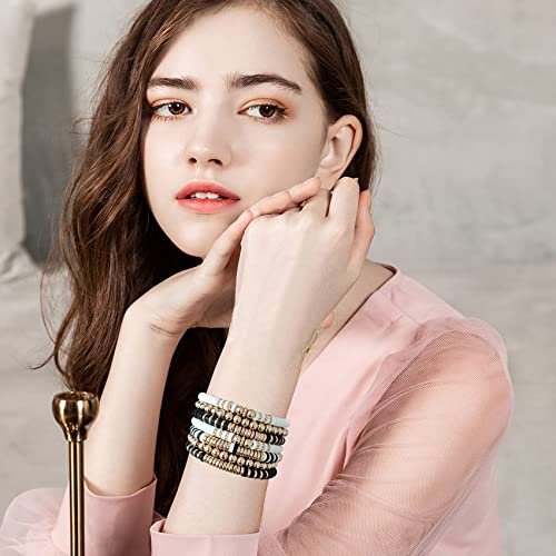 GOOJIDS Surfer Heishi Clay Bead Bracelets for Women Bohemian Stackable Gold Beaded Stretch Bracelets Elastic Layering Friendship Bracelets Set Boho Jewelry