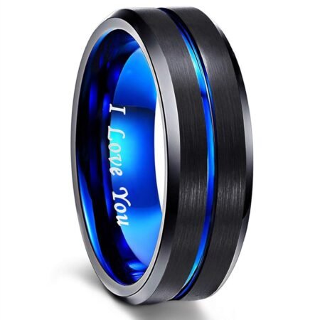 Greenpod Mens Tungsten Ring Wedding Band 6mm 8mm 10mm Engraved I Love You Thin Blue/Rose Gold/Black Centre Groove Comfort Fit Size 6-17