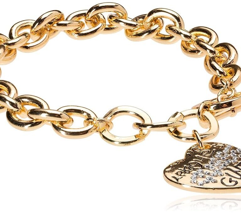 GUESS "Basic" Graffiti Logo Heart Toggle Charm Bracelet