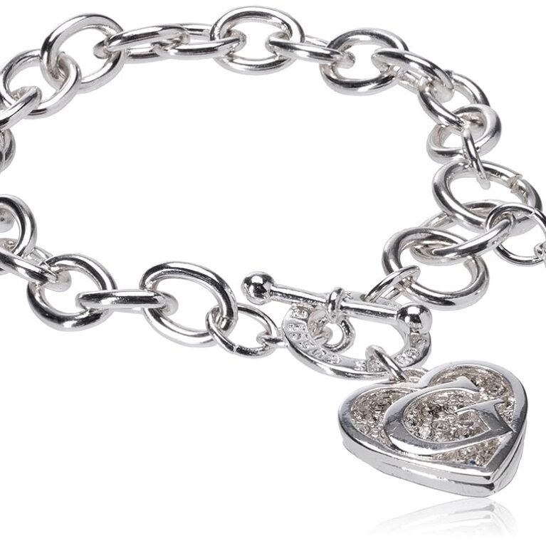 GUESS Toggle Chain Bracelet with Logo Heart Link Charm Bracelet