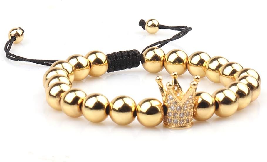 GVUSMIL Luxury CZ Imperial Crown Braided Copper Bracelets with 8mm Micro Pave Cubic Zirconia Beads Pulseira Bangle Charm Jewelry for Men