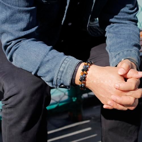 HASKARE Triple Protection Bracelet, Genuine Tigers Eye Black Obsidian and Hematite 8mm Beads Bracelet for Men Women, Crystal Jewelry Stone Bracelets Christmas Gifts for Men...