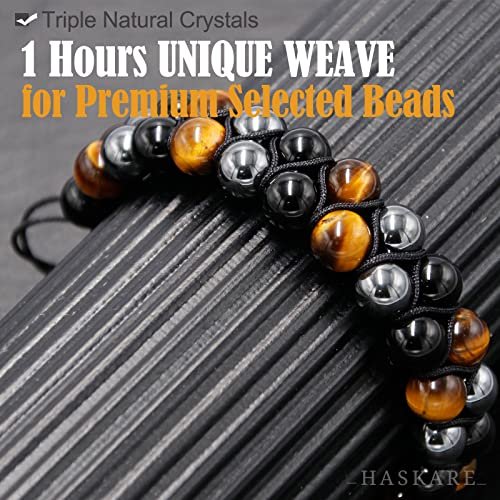 HASKARE Triple Protection Bracelet, Genuine Tigers Eye Black Obsidian and Hematite 8mm Beads Bracelet for Men Women, Crystal Jewelry Stone Bracelets Christmas Gifts for Men...